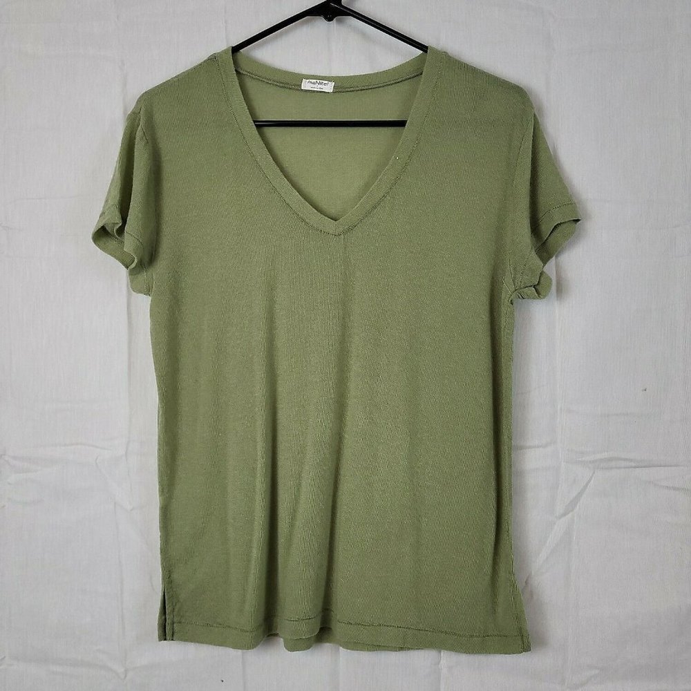Hello Nite! Womens Olive Green Short Sleeve‎ V Neck Basic T Shirt Size Small